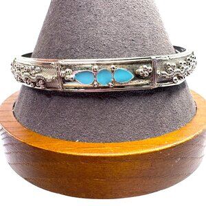 Silver Plated Blue Enamel Beaded Wave Design Bangle Bracelet Size 8.25" Fit